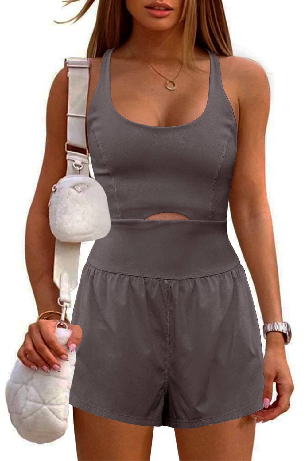 Athletic Cutout Romper: Grey / L