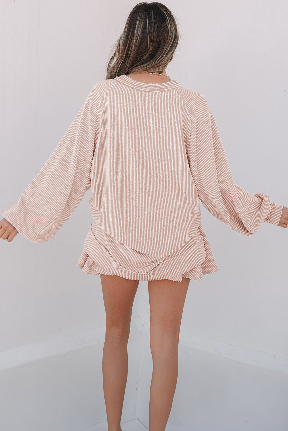 Sky Blue Corded Lantern Sleeve Top High Waist Ruffled Mini Skirt Set