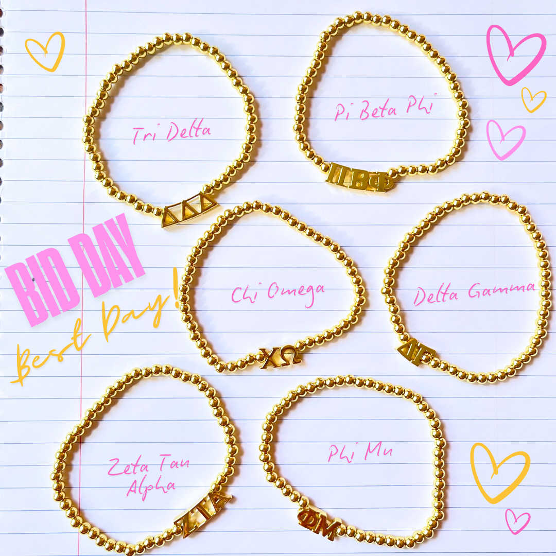 Sorority: Gold Beaded Bracelet with Greek Letters