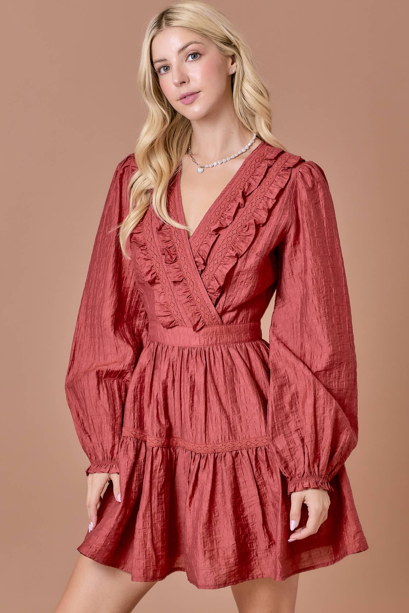 Surplice long sleeve dress with ruffle detailing: BLACK / S