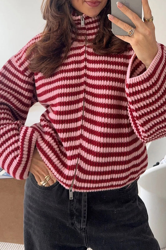 Red Stripe Zip Up Sweater