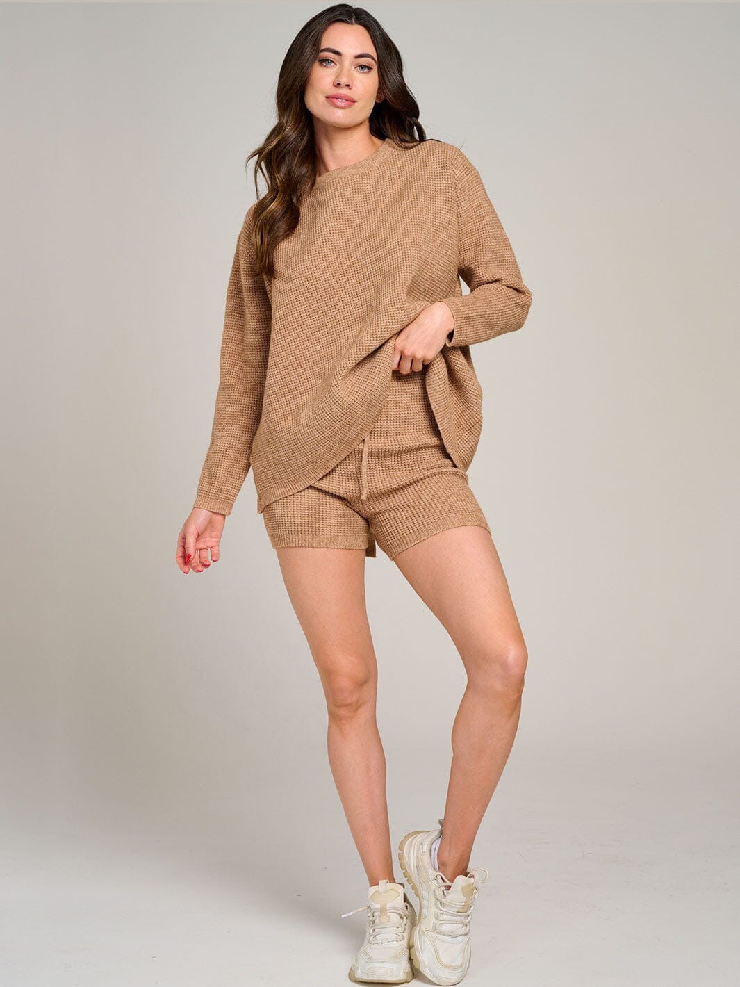 Women's Long Sleeve open Back Sweater and Knit Shorts Set