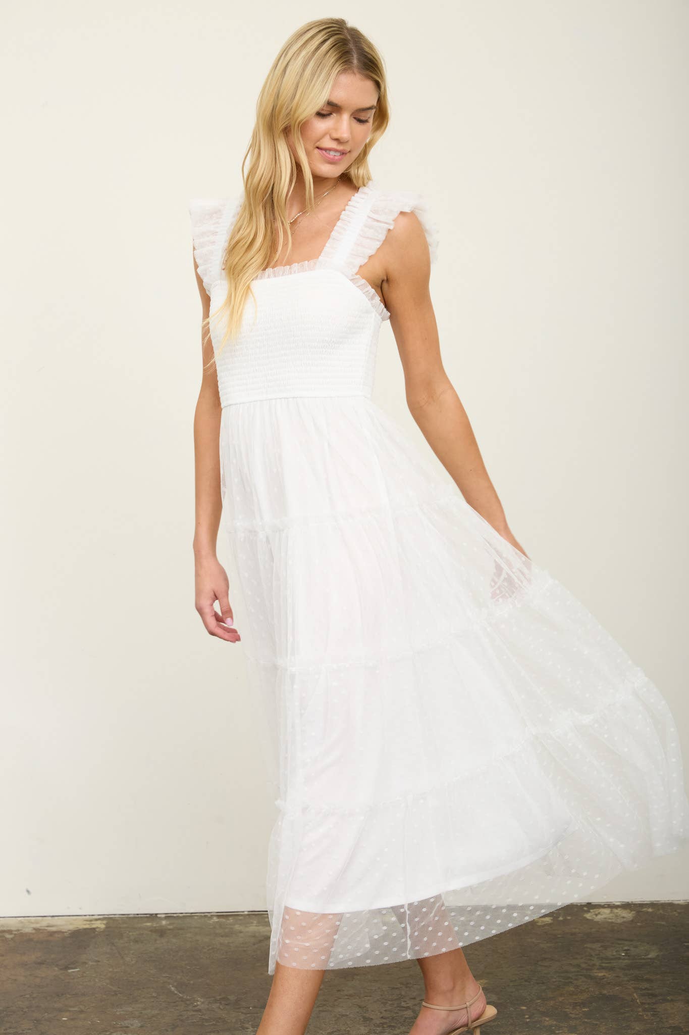 POLKA DOT CHIFFON SMOCKED TIERED MIDI DRESS