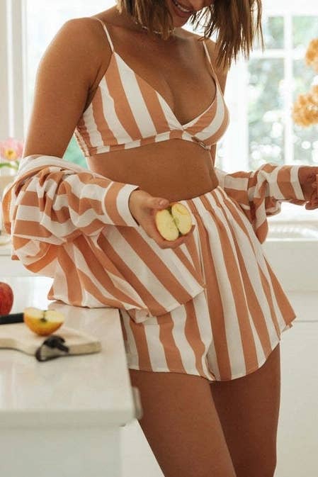 Ladies Stripe Top and Shorts Daily 3PCS Set SKST1704: Orange / XL