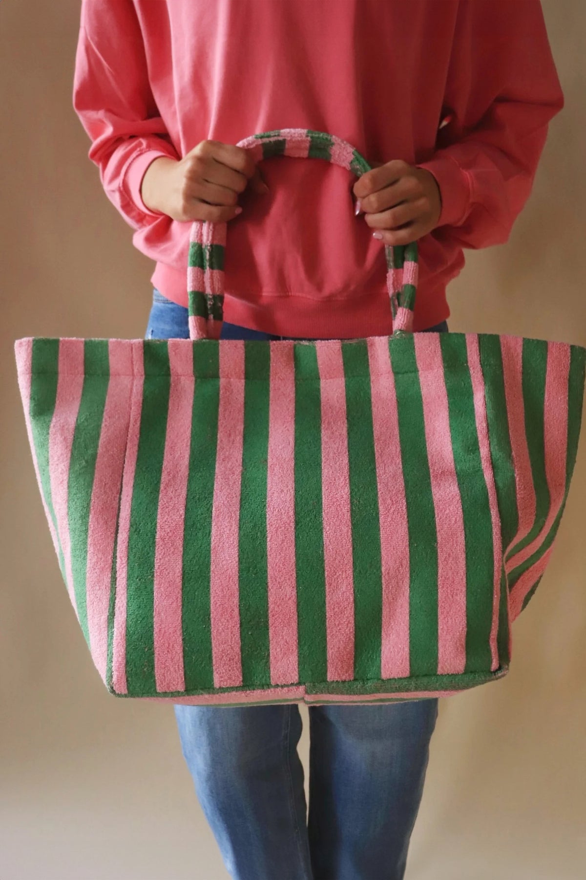 Dark Green Striped Terry Large Beach Tote Bag