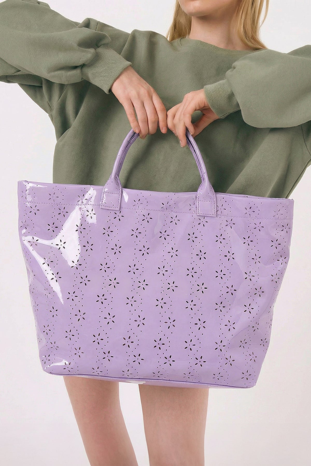 Orchid Eyelet Flower Pattern PVC Glossy Waterproof Tote Bag