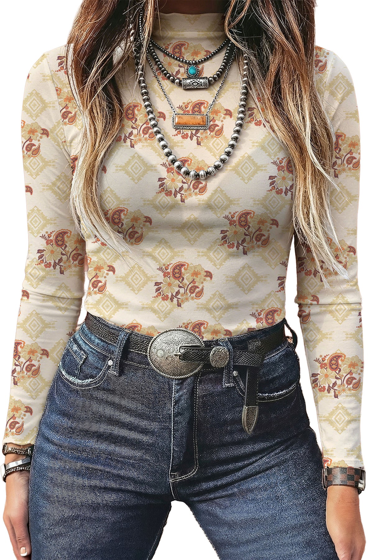 Smoke Gray Floral Print Slim Fit Mesh Long Sleeve Mock Neck Top