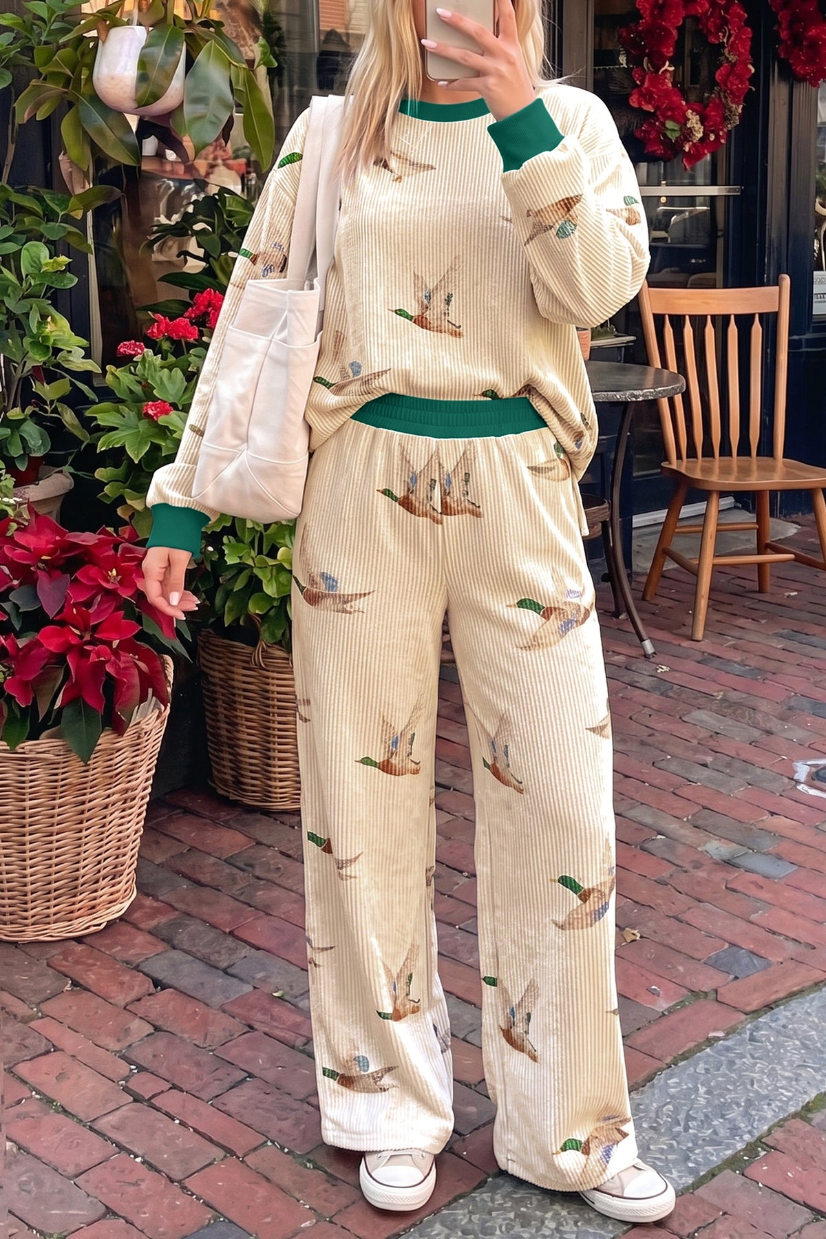 Beige Mallard Duck Print Two Piece Set