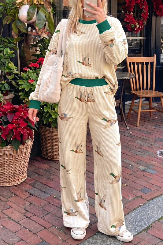 Beige Mallard Duck Print Two Piece Set