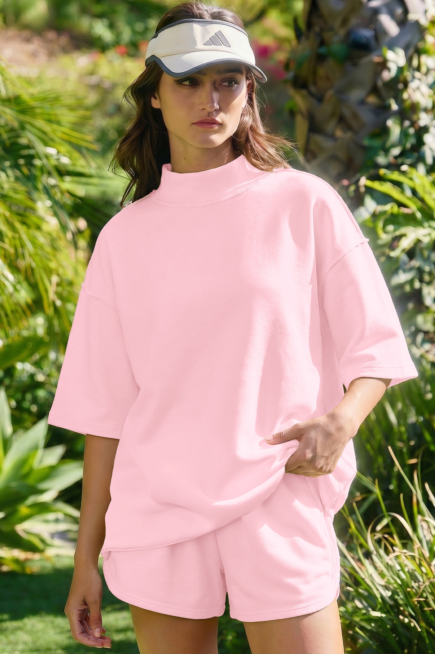 Moonlight Jade Solid Color Exposed Seam Mock Neck Oversize Tee Casual Shorts 2pcs Outfit