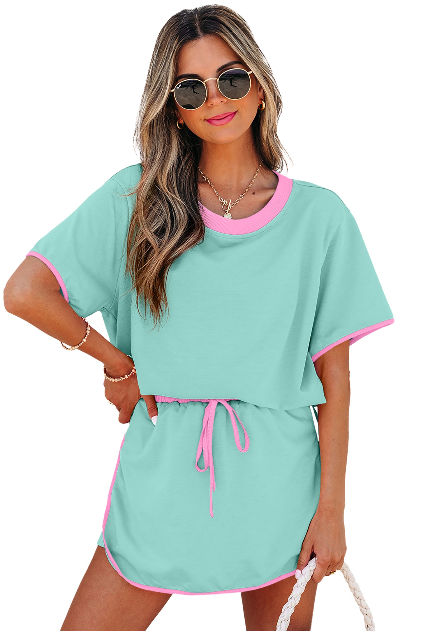 Turquoise Colorblock Edge Drop Shoulder T Shirt and Skort 2Pcs Set