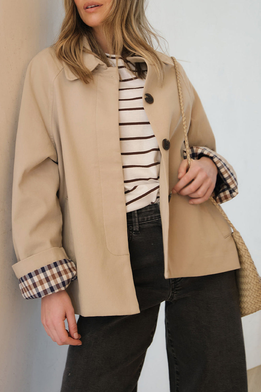 Parchment Plaid Liner Patchwork Single Breasted Trench Coat