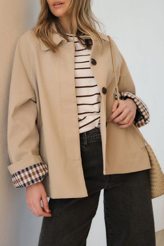 Parchment Plaid Liner Patchwork Single Breasted Trench Coat