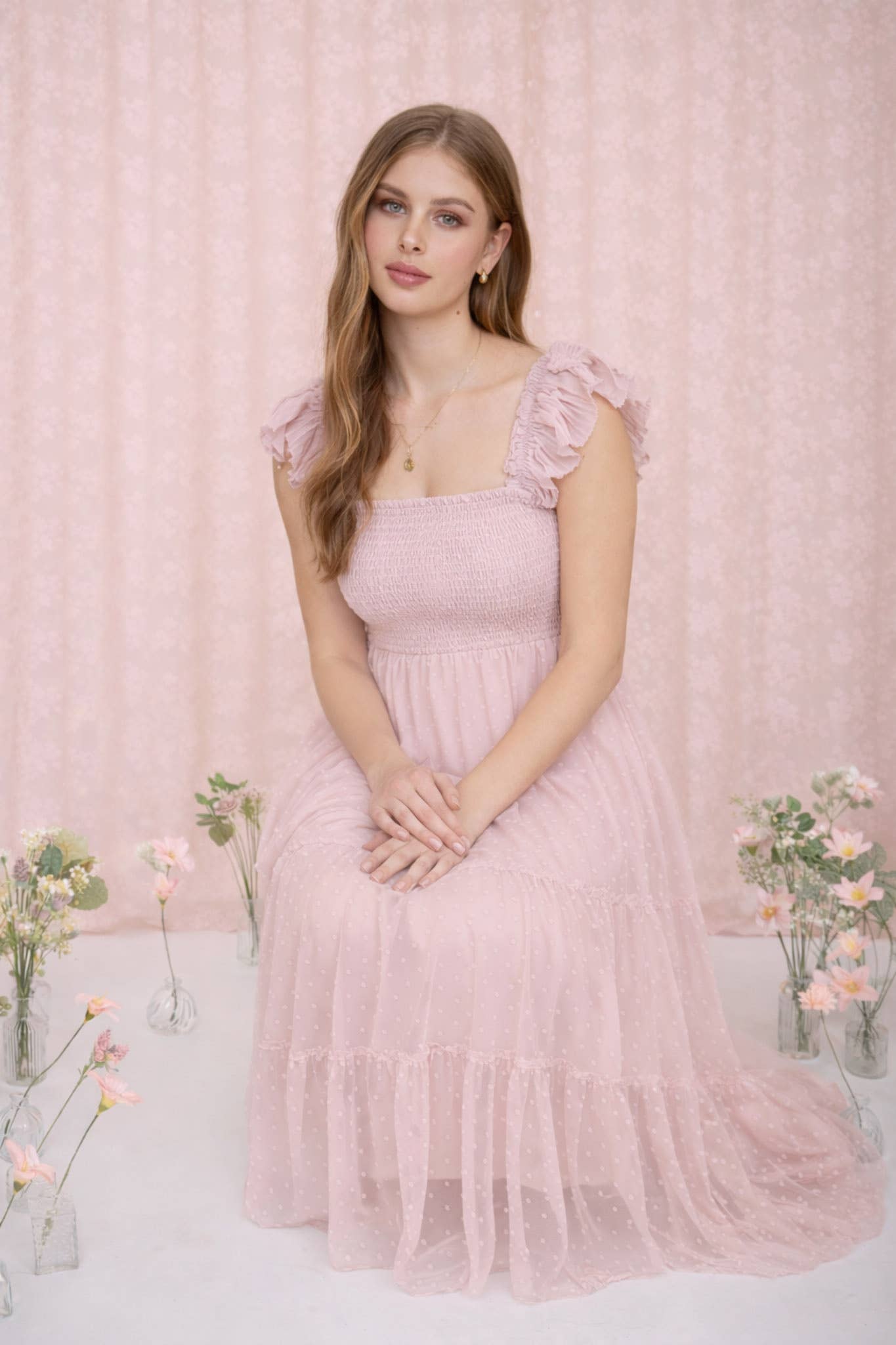 POLKA DOT CHIFFON SMOCKED TIERED MIDI DRESS