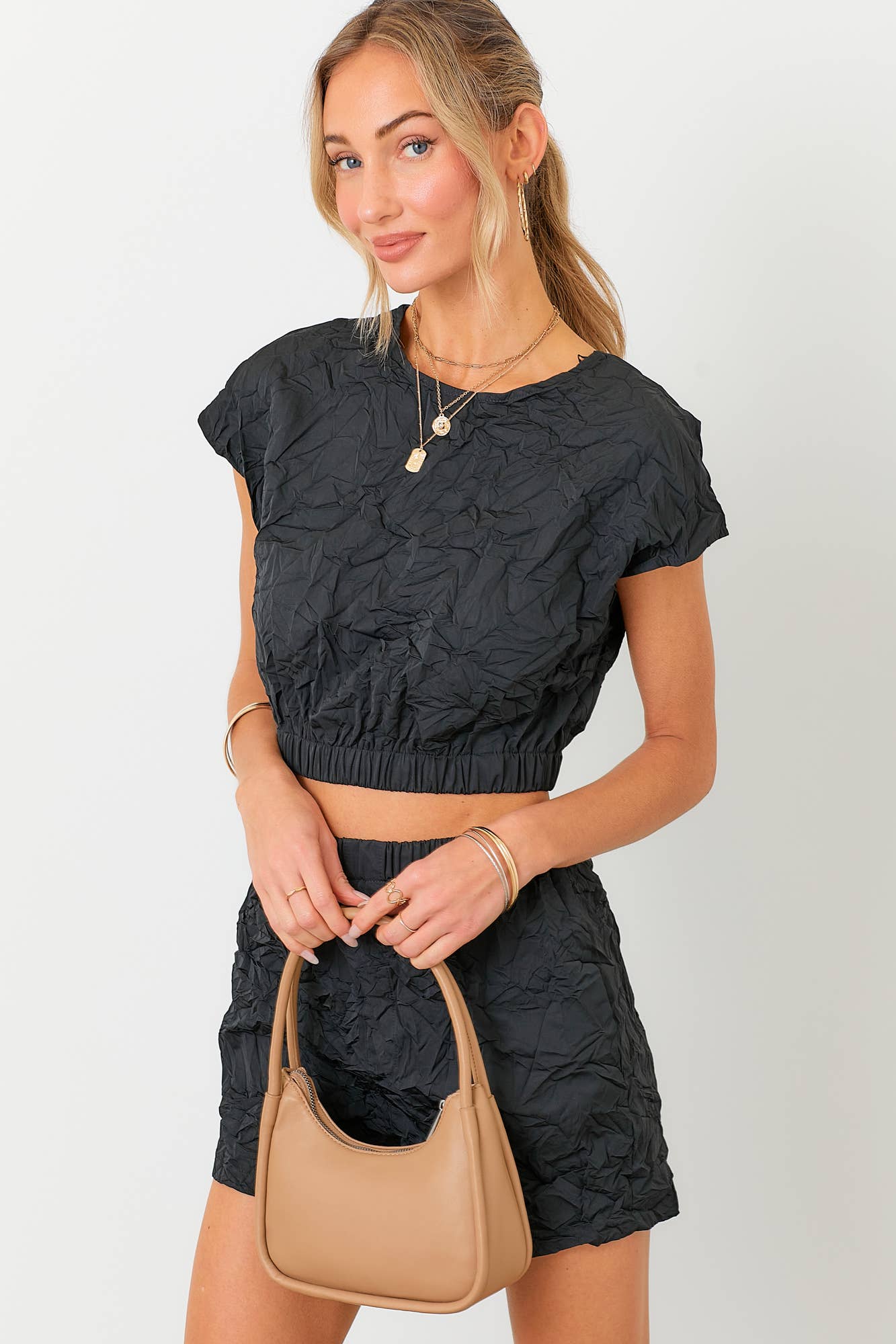 Crinkle Crop Top and Shorts Set: BLACK / S