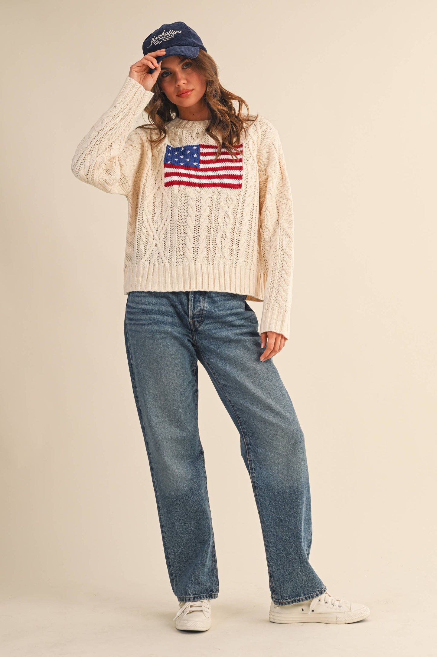 IT4473 USA FLAG CABLE KNIT SWEATER