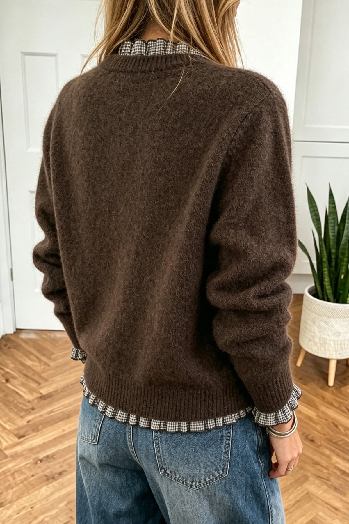 Vineyard Green Contrast Plaid Ruffle Trim Pullover Sweater