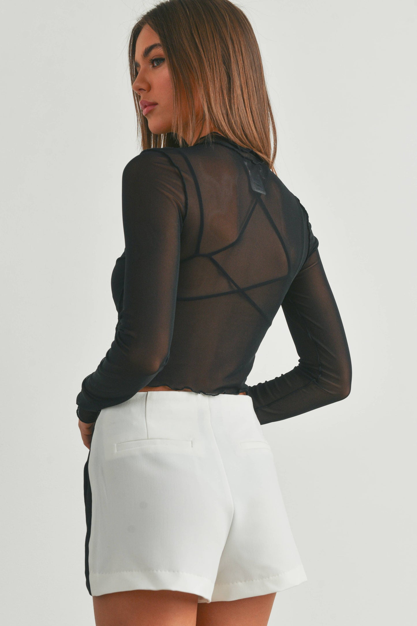 Mesh Merrow Edge Detail Long Sleeve Top - BMT7137: WHITE / M