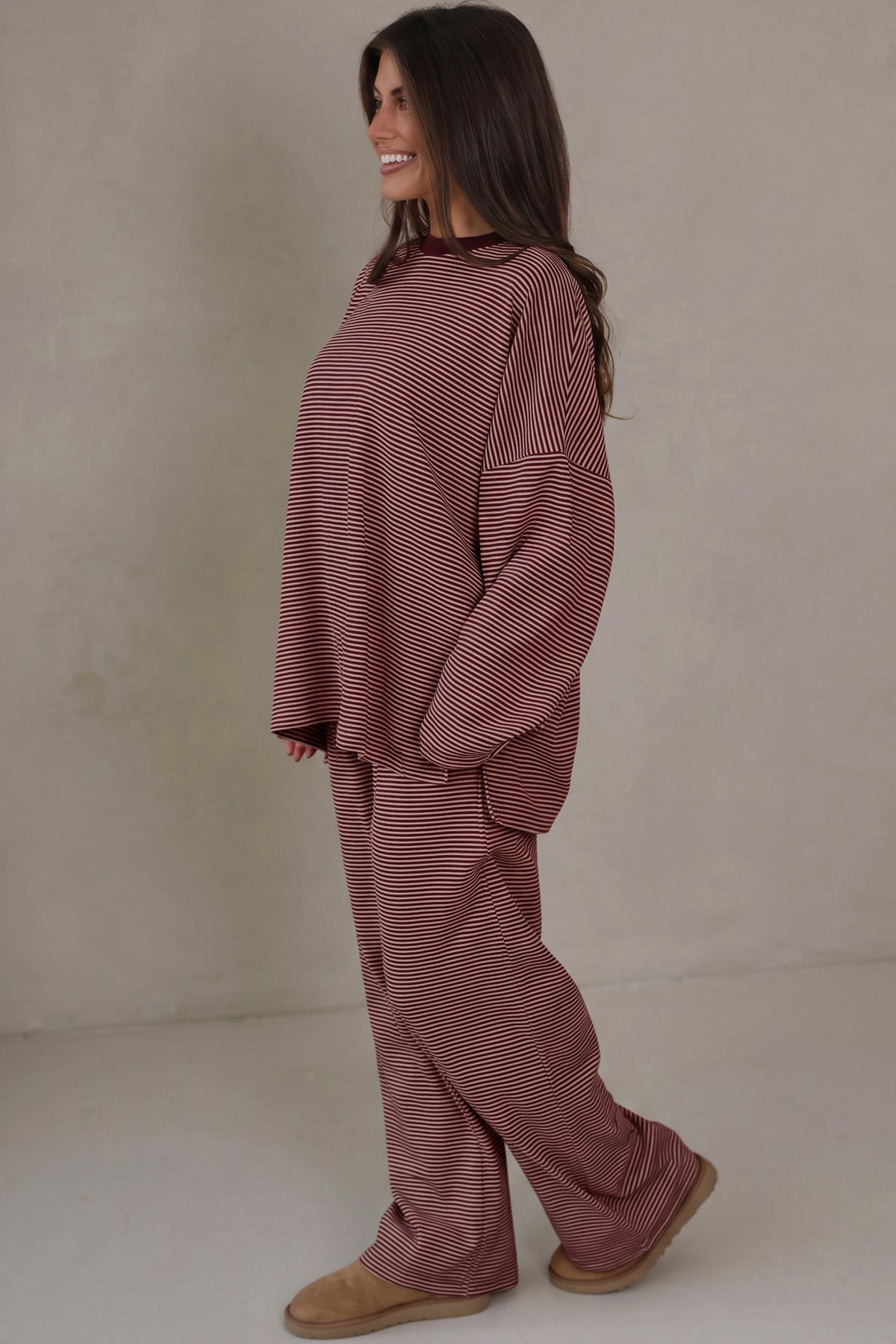 Beige Stripe Contrast Trim Round Neck Oversize Long Sleeve Top 2pcs Pant Set