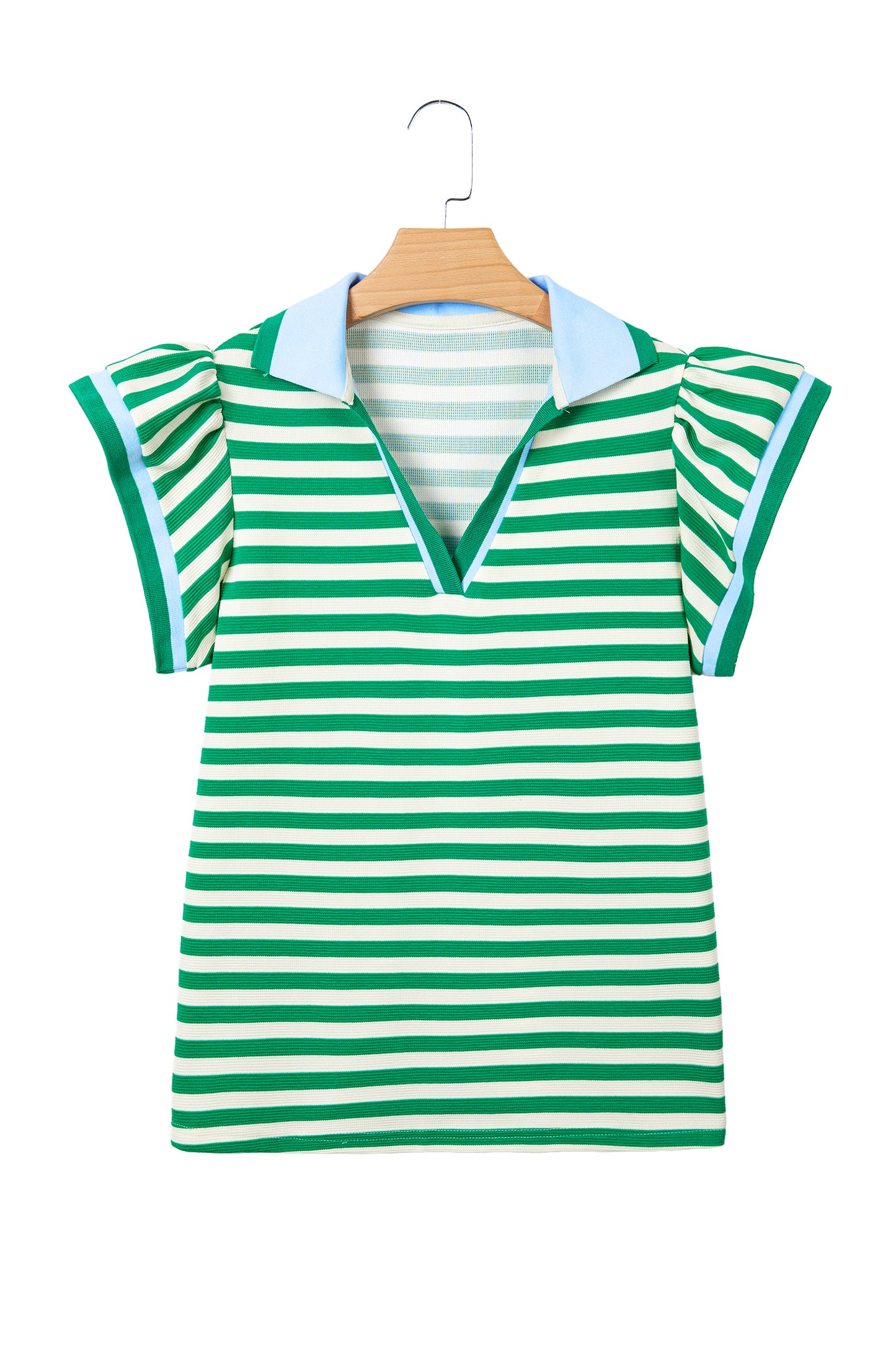 Rose Stripe Contrast Trim Polo Collar Ruffled Short Sleeve Blouse