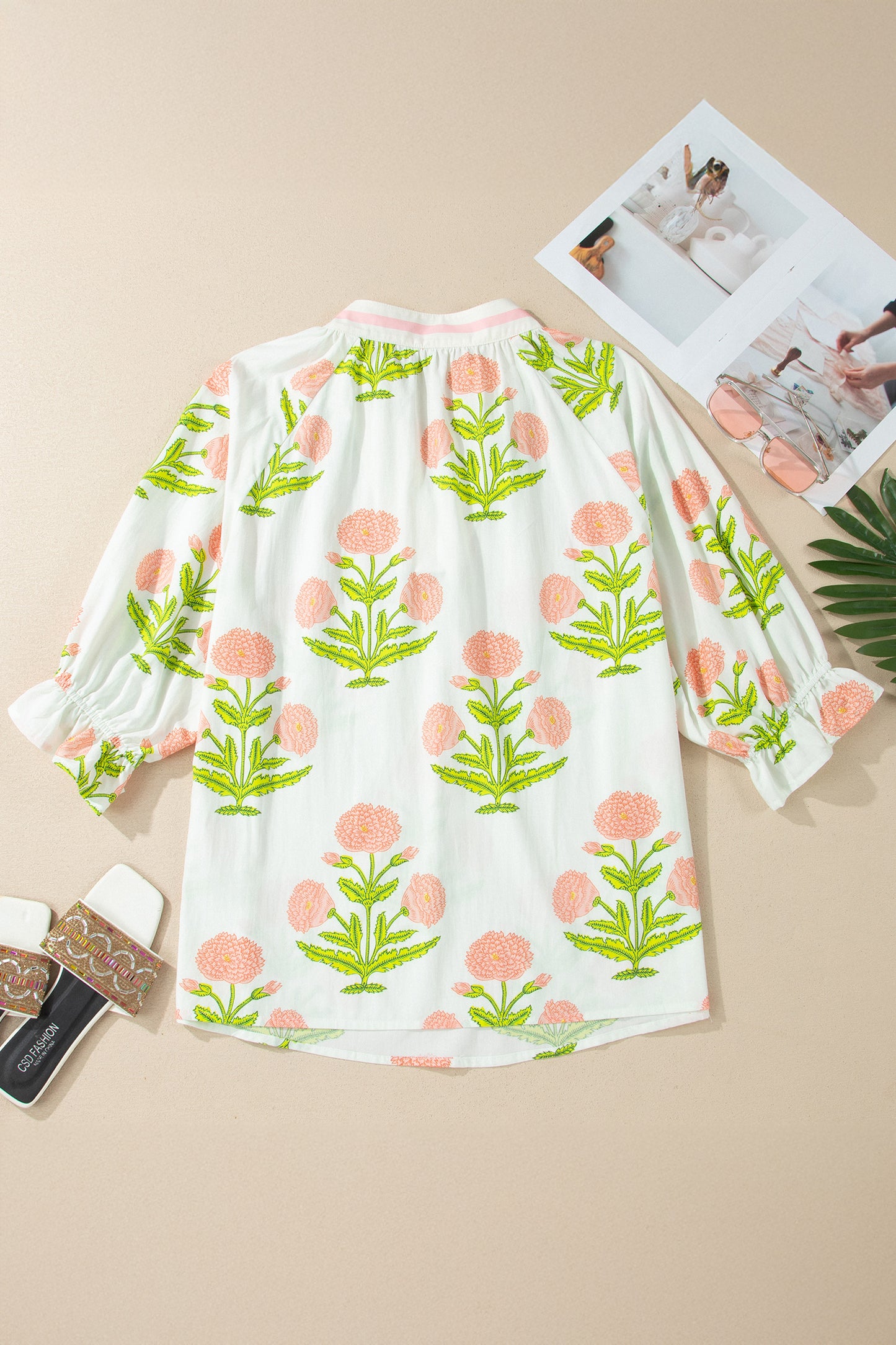 Pink Plus Size Floral Print Striped Trim V Neck Blouse