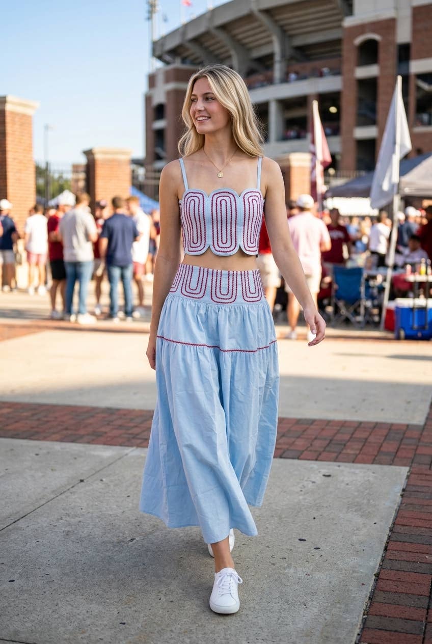 White Trimmed Purple Scalloped Top & Maxi Skirt Set