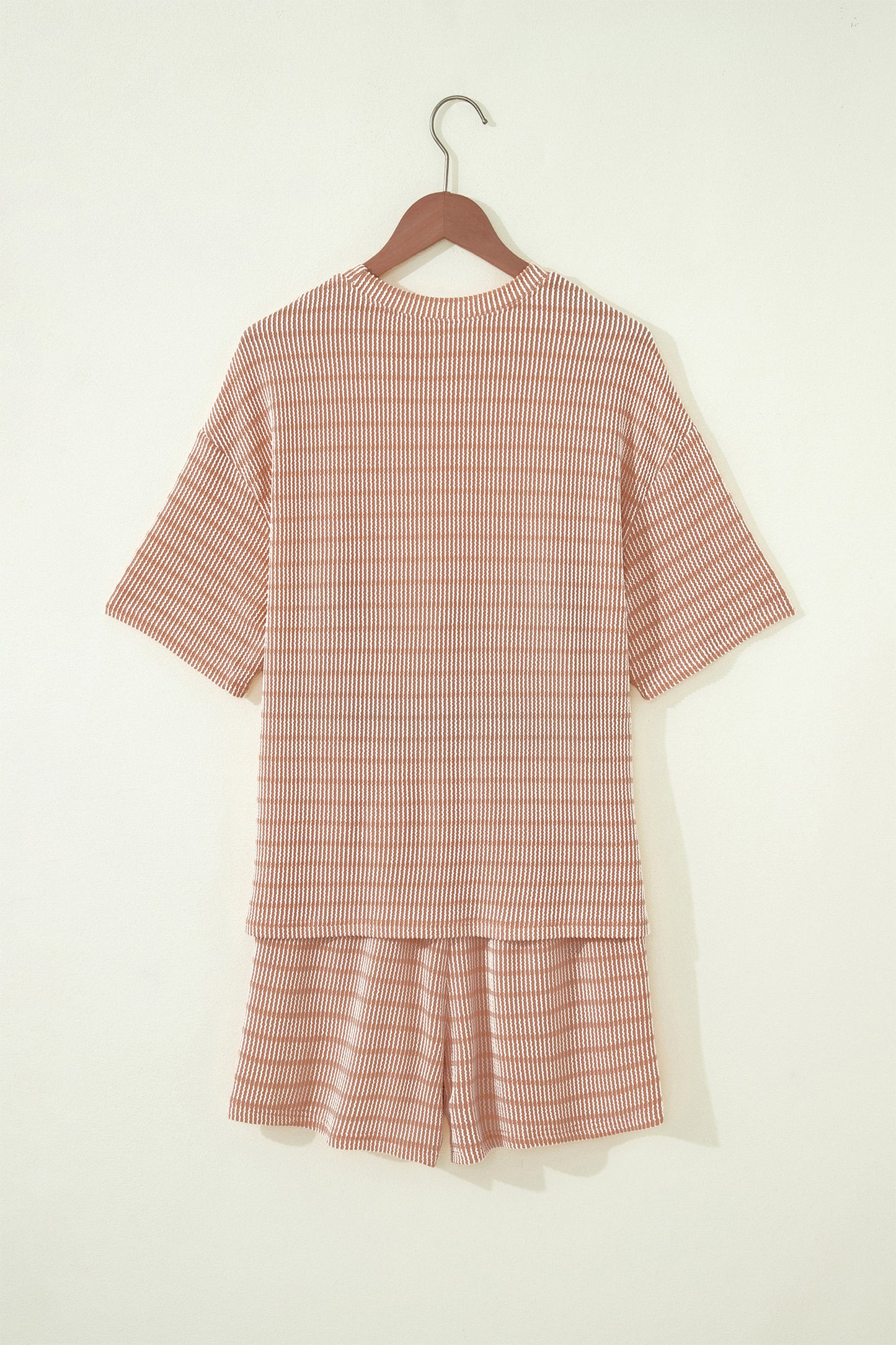 Sky Blue Stripe Raised Rib Loose Tee Drawstring Elastic Waist 2pcs Short Set