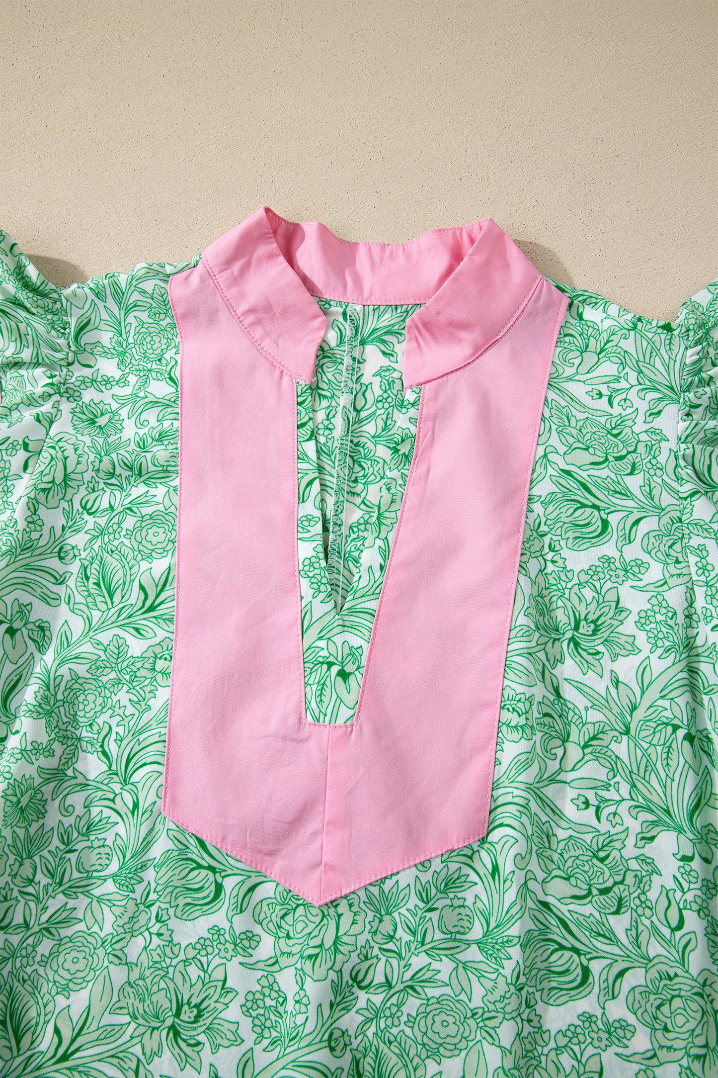 Pink Floral Print Color Block Patchwork V Neck Short Sleeve Midi Dress
