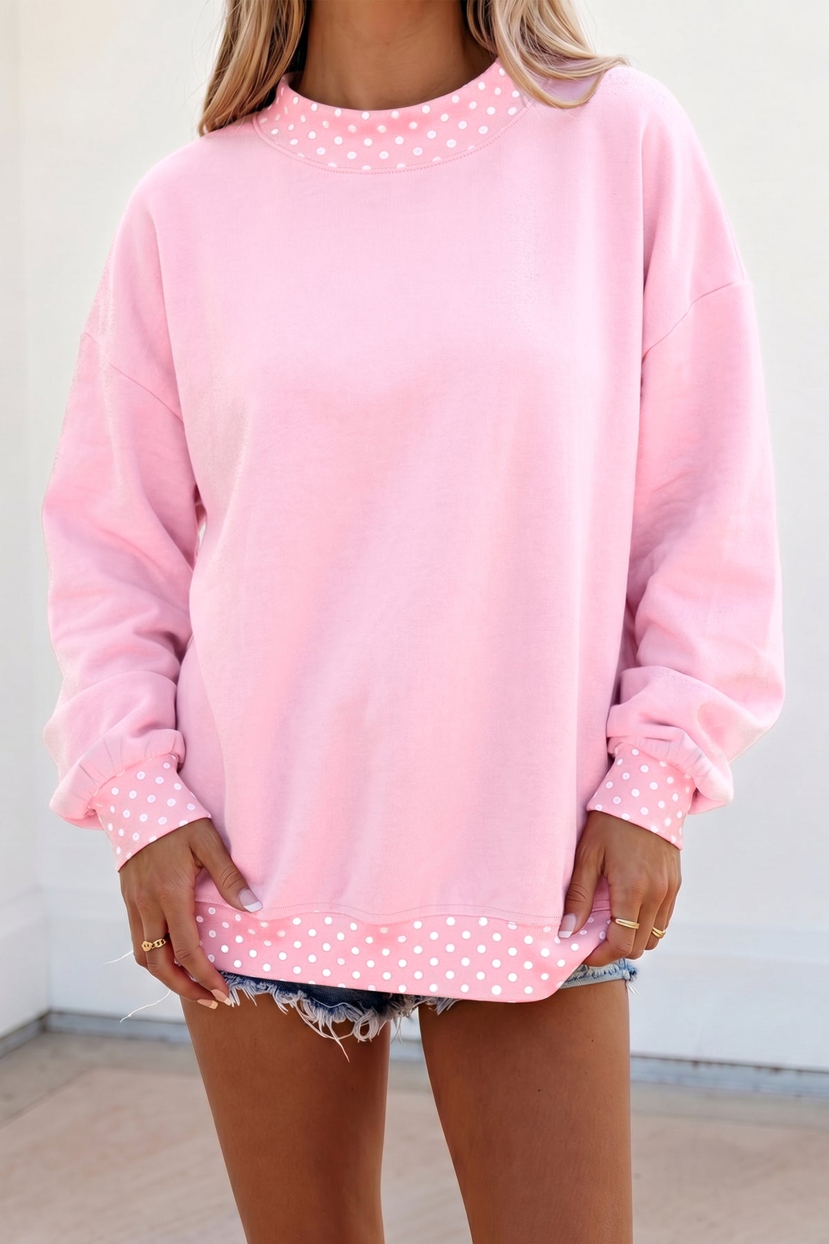 Dark Blue Colorblock Polka Dot Contrast Trim Oversized Sweatshirt