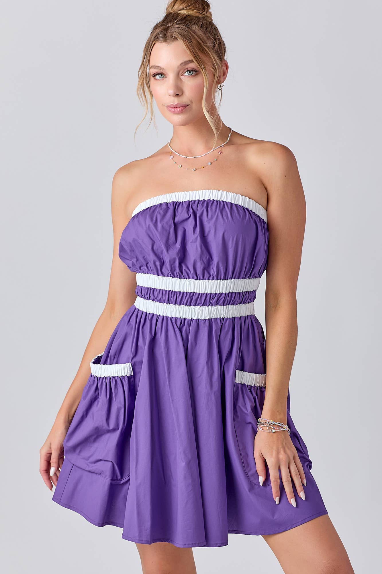Gameday Contrast Gathered Over Sized Pocket Tube Dress : PURPLE / M
