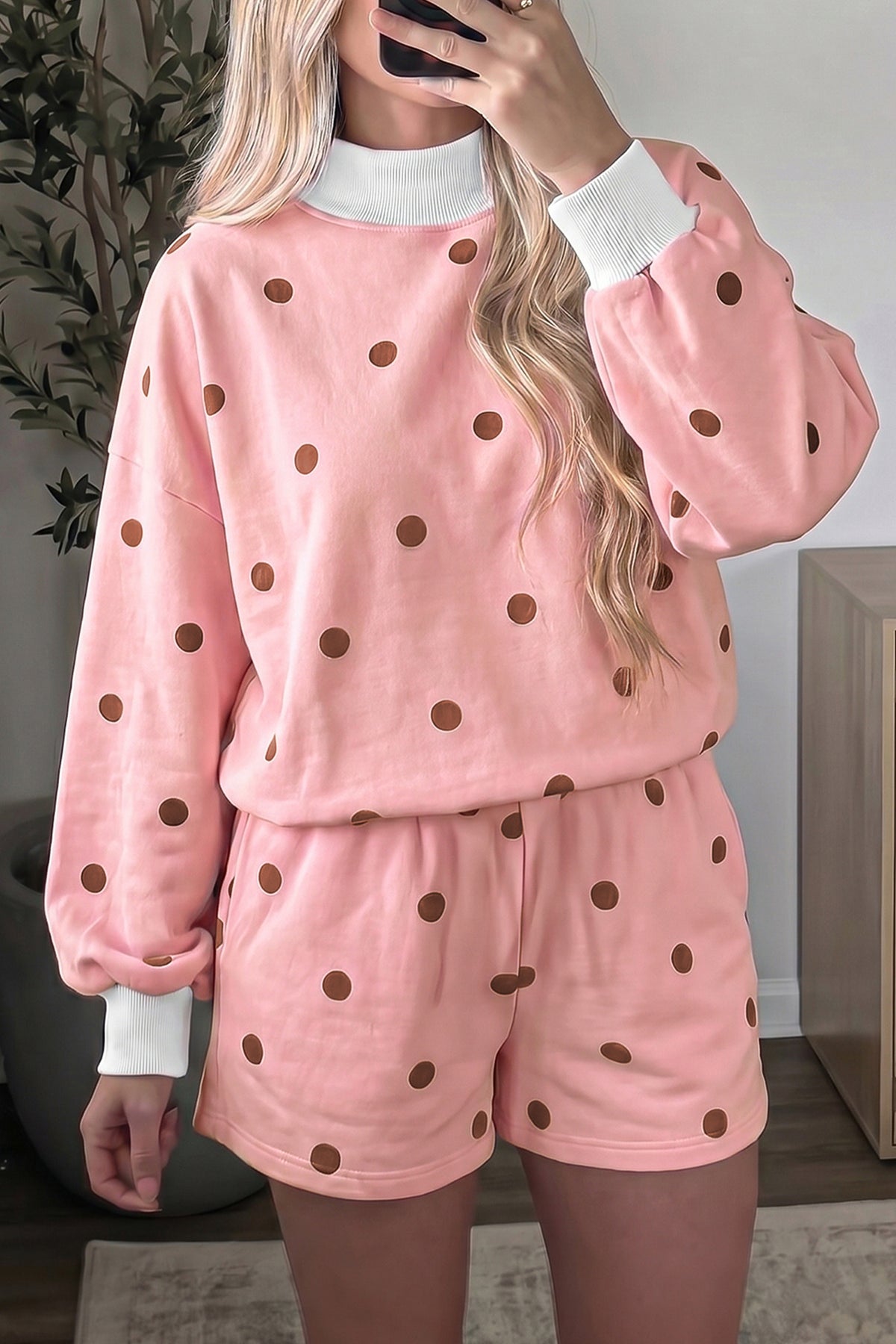 Yellow Polka Dot Ribbed Trim Long Sleeve Top Casual Short Set