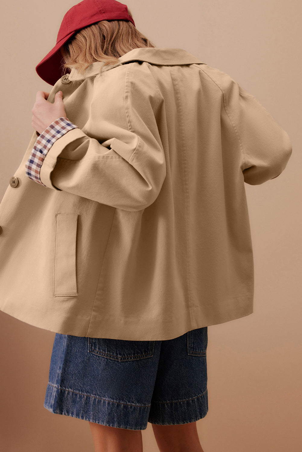 Parchment Plaid Liner Patchwork Single Breasted Trench Coat