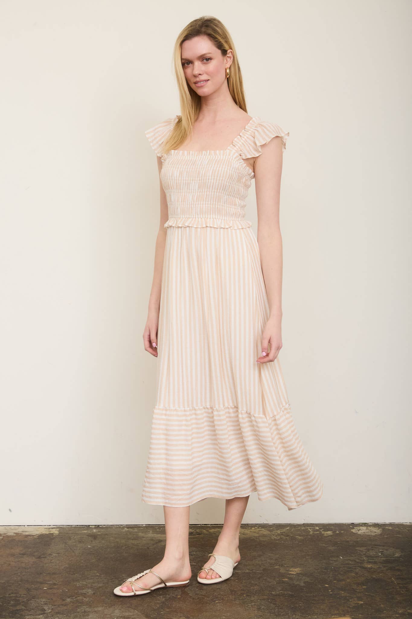 PLUS BLUE AND WHITE STRIPED SMOCKED RUFFLE TRIM MIDI DRESS