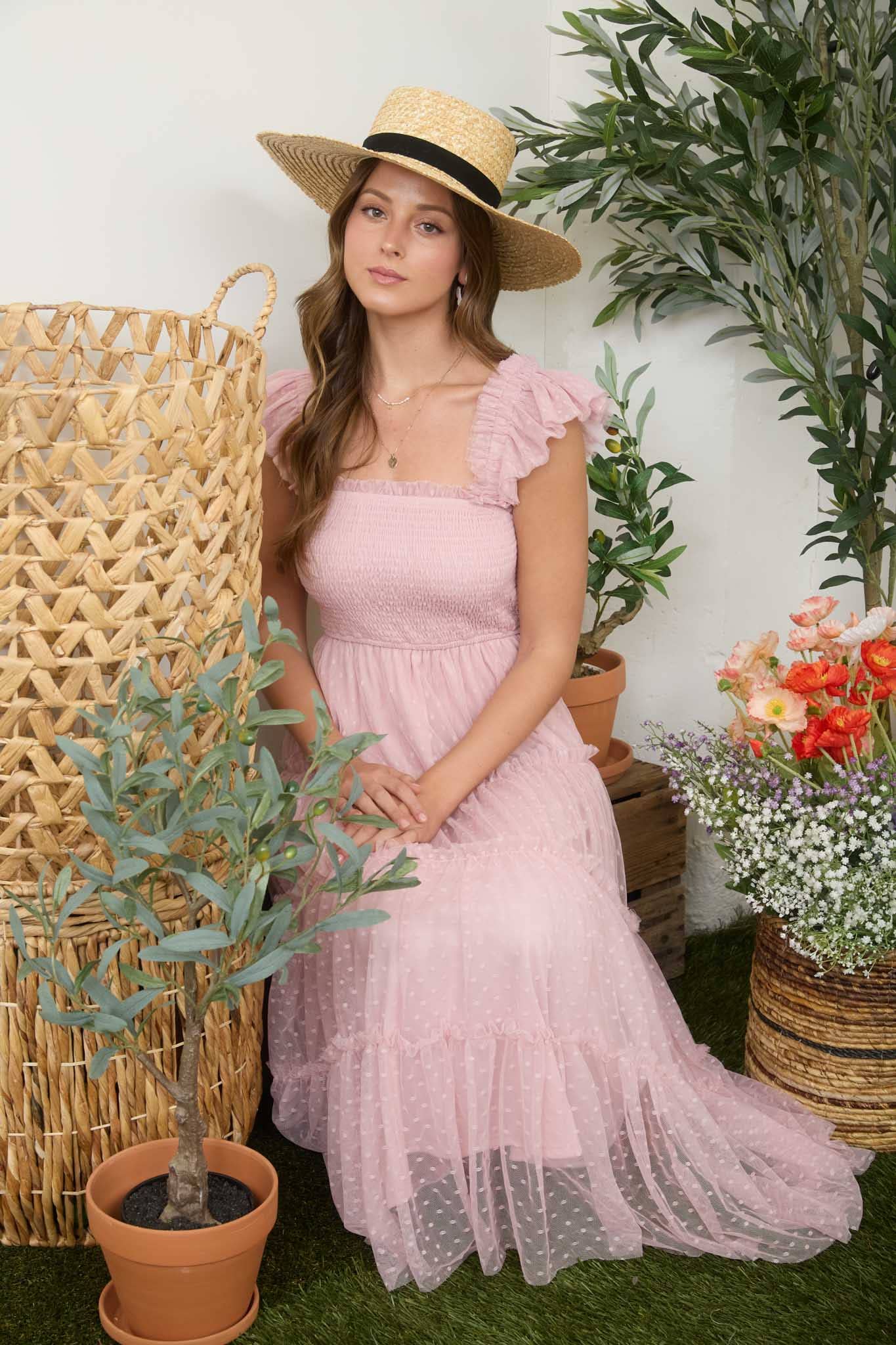 POLKA DOT CHIFFON SMOCKED TIERED MIDI DRESS