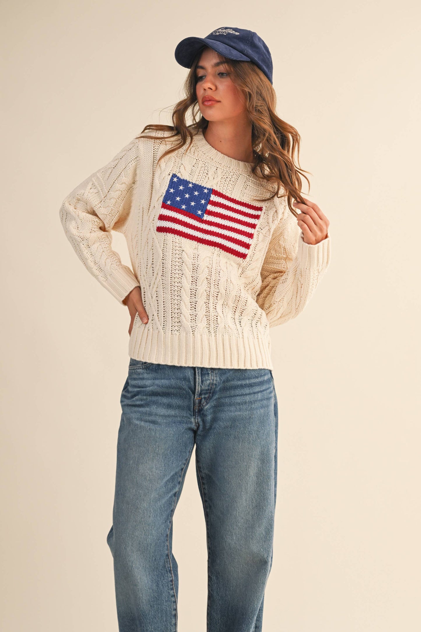 IT4473 USA FLAG CABLE KNIT SWEATER