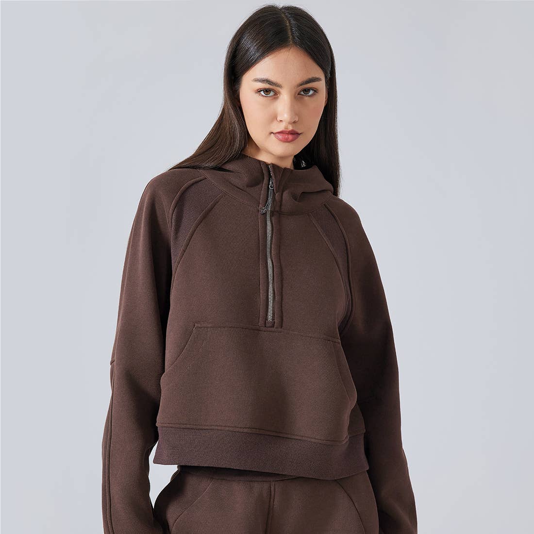 Women Fall Winter Half Zipper Sweatshirt Big Pockets Hoodie : Brown / S