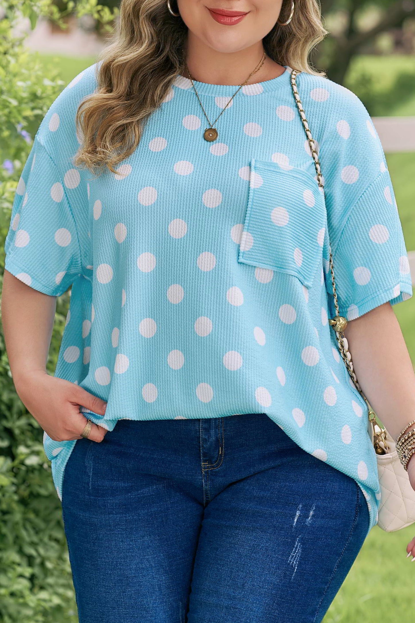 Sky Blue Twisted Rib Polka Dot Print Plus Size T Shirt