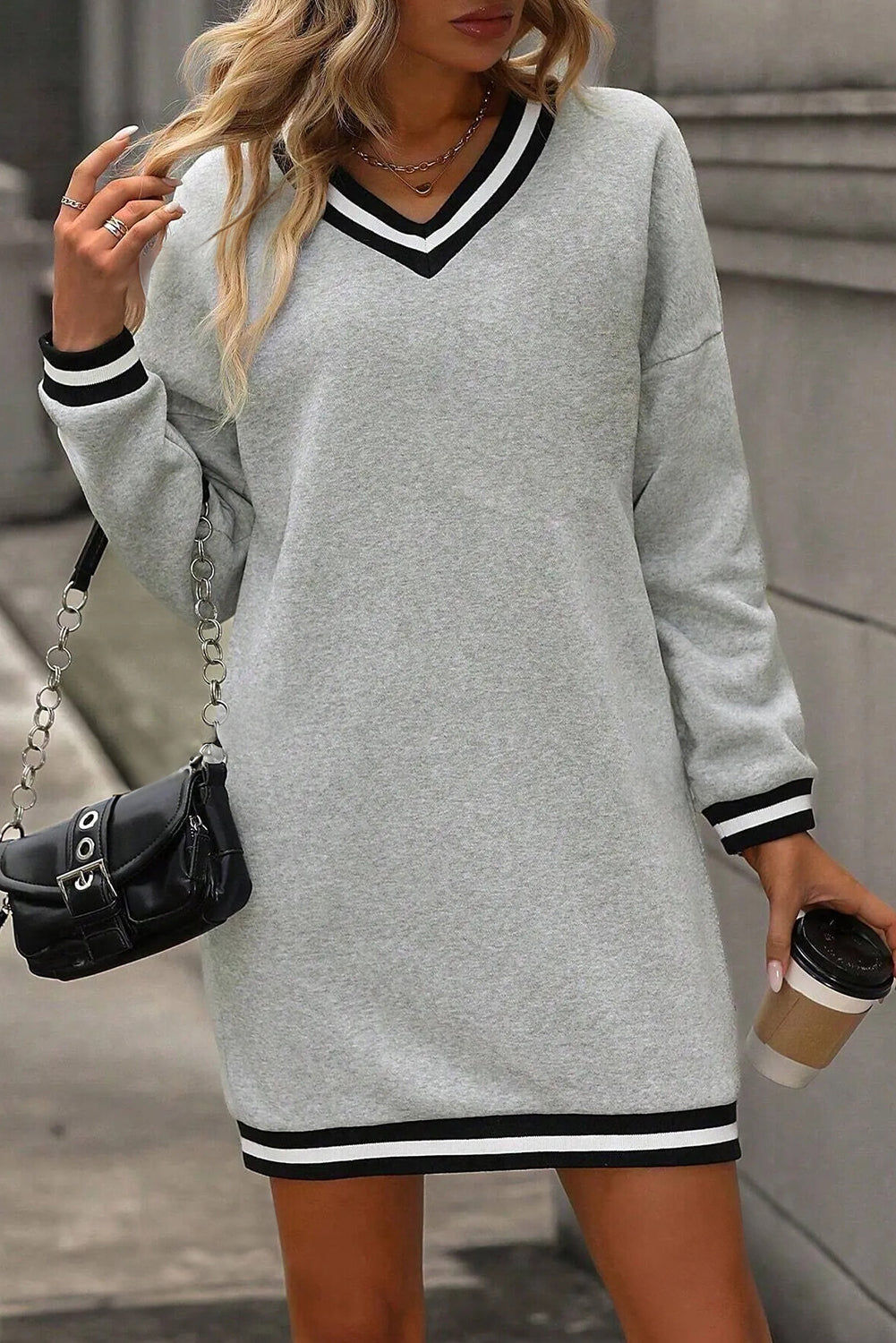 Light Grey Striped Trim V Neck Long Sleeve Preppy T Shirt Dress