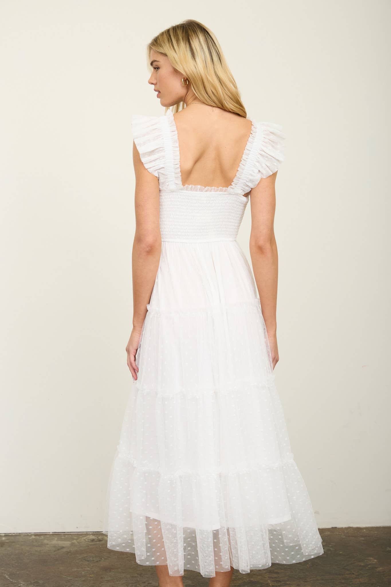 POLKA DOT CHIFFON SMOCKED TIERED MIDI DRESS