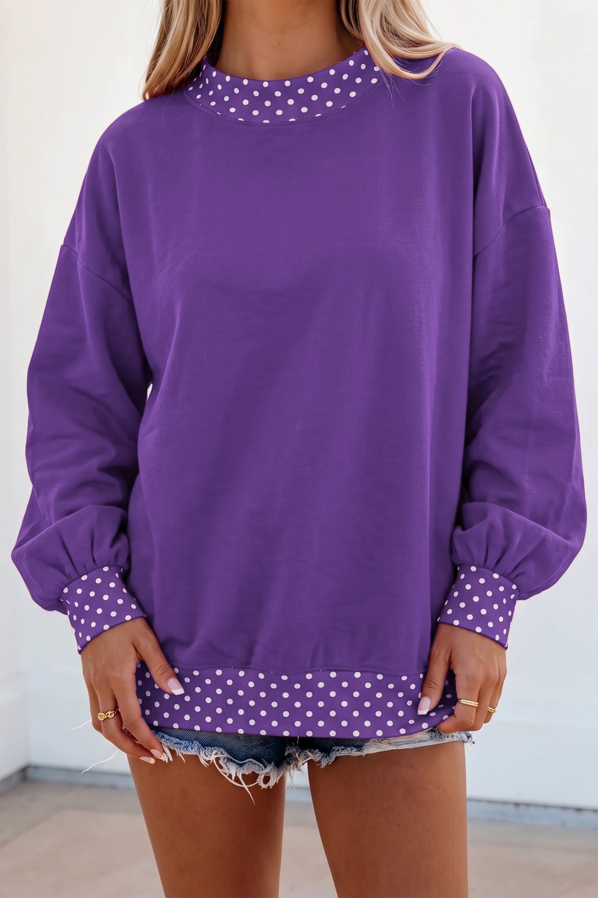Dark Blue Colorblock Polka Dot Contrast Trim Oversized Sweatshirt