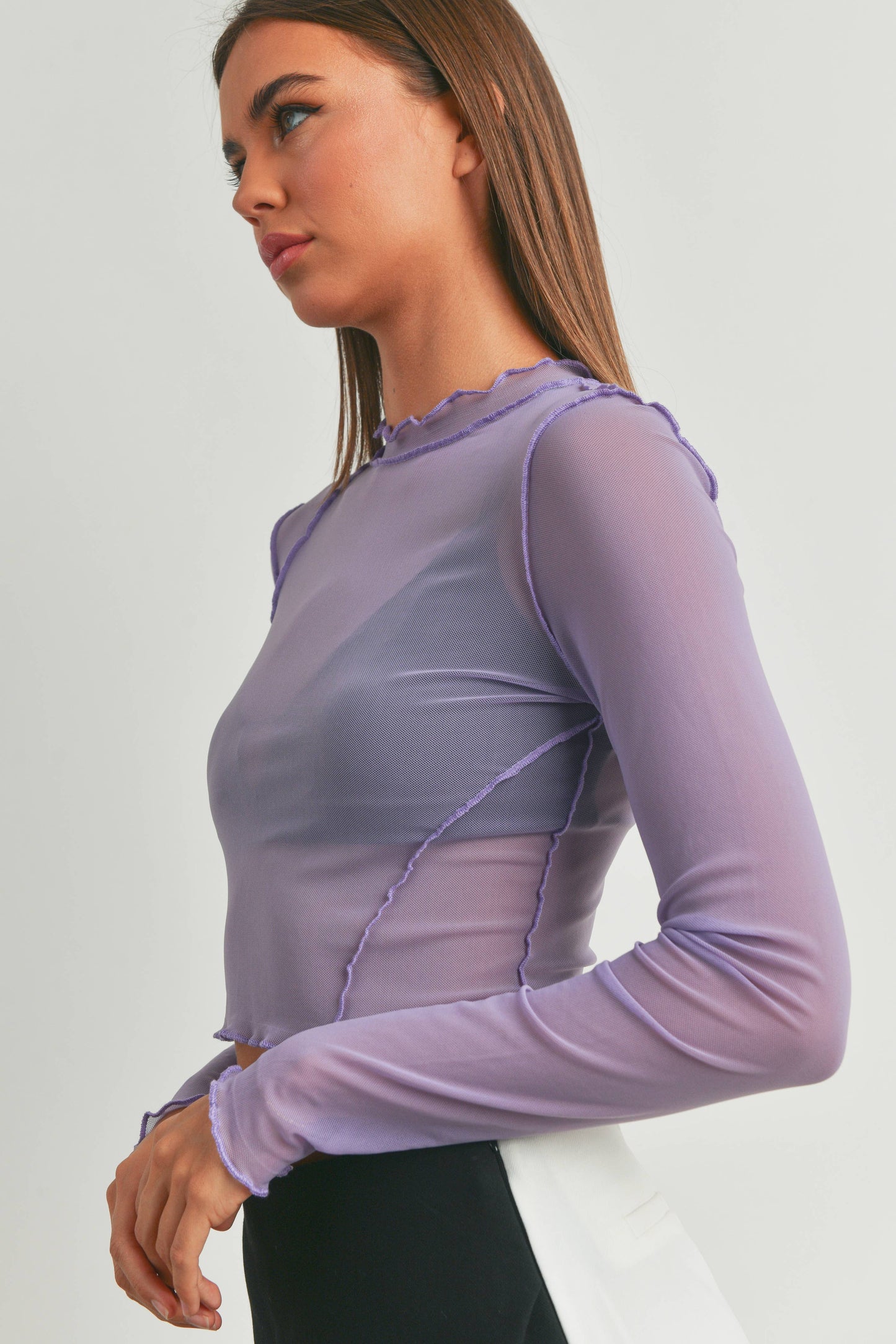 Mesh Merrow Edge Detail Long Sleeve Top - BMT7137: WHITE / M