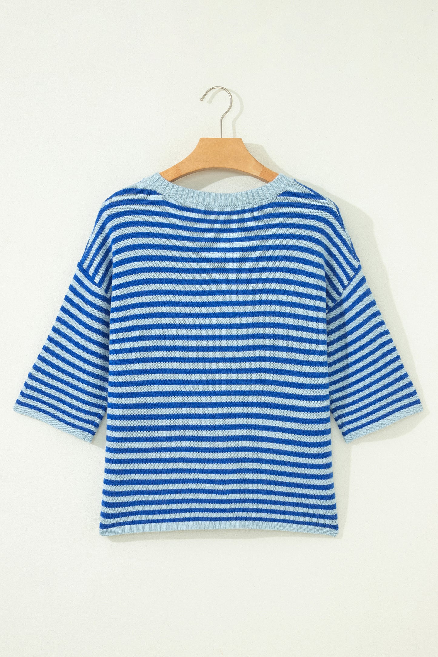 Blue Stripe Loose Half Sleeve Knit Button Down Sweater Cardigan