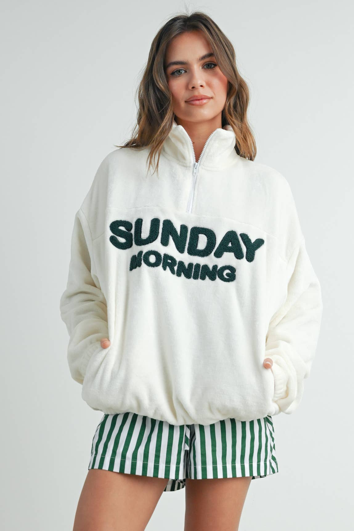 Sunday Morning Half-Zip Pullover Sweatshirt - BMT7579: IVORY / OLIVE / S