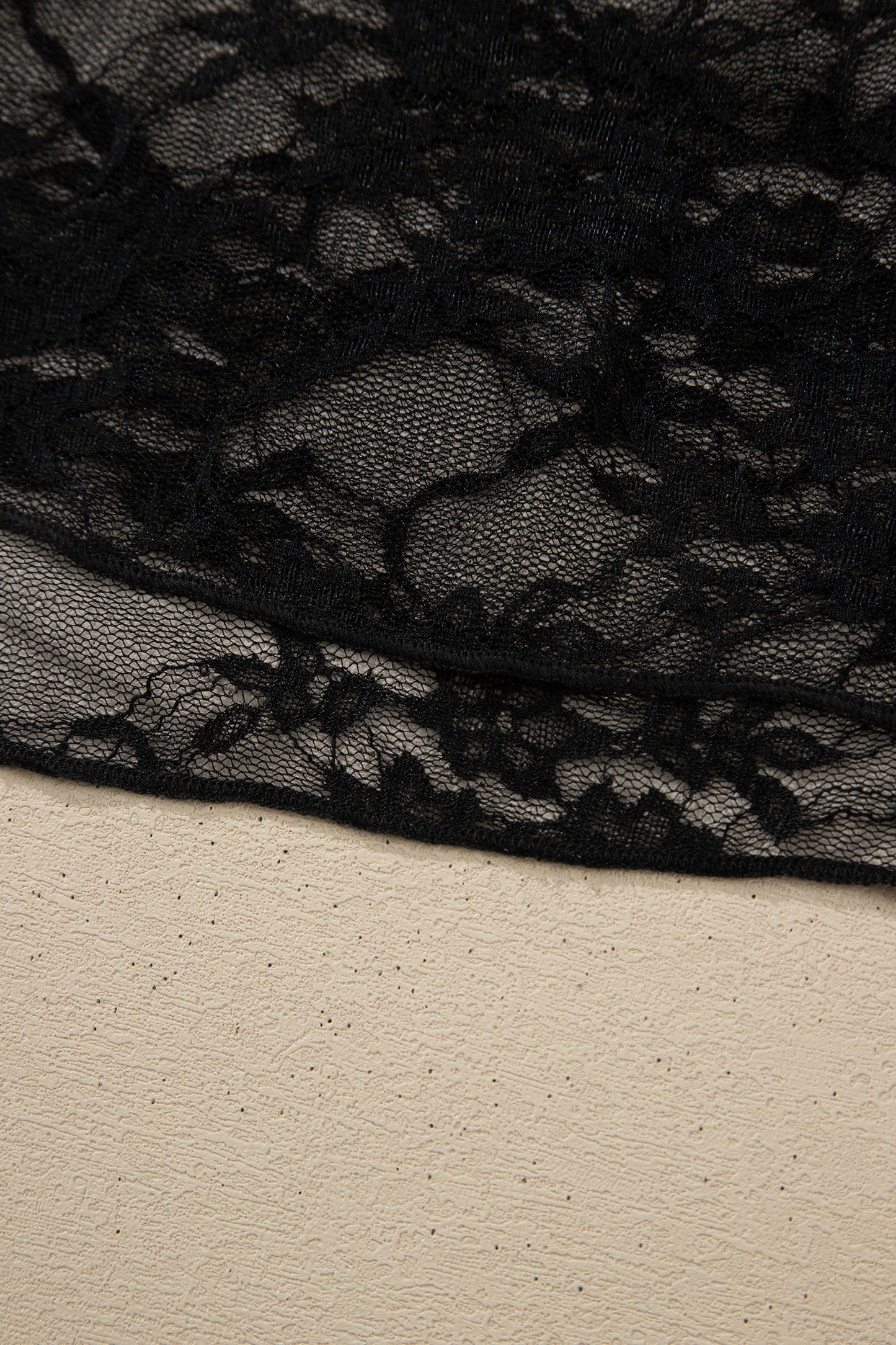 Black Sheer Floral Lace Lettuce Trim Mock Neck Long Sleeve Top