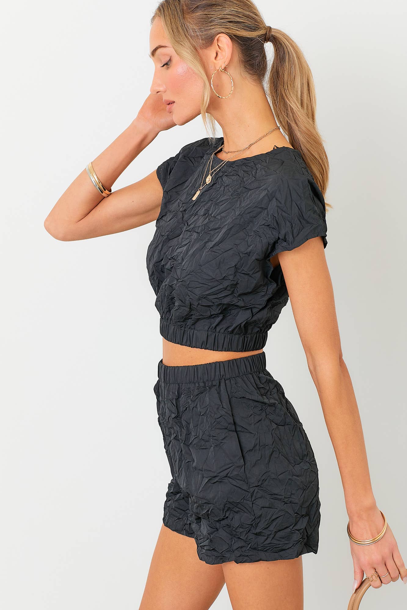 Crinkle Crop Top and Shorts Set: BLACK / S