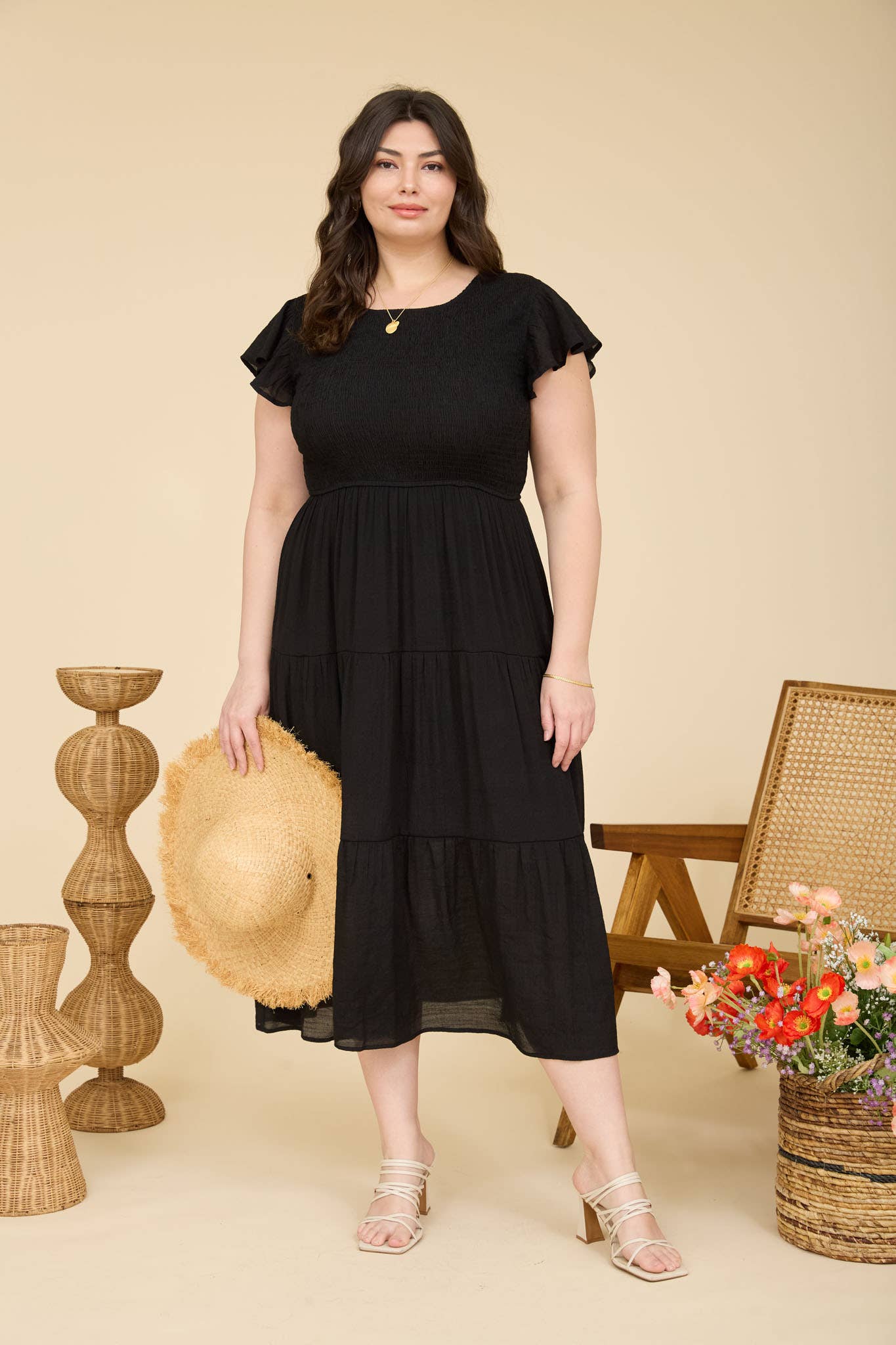 PLUS TIERED SMOCKED SHORT SLEEVE MIDI DRESS