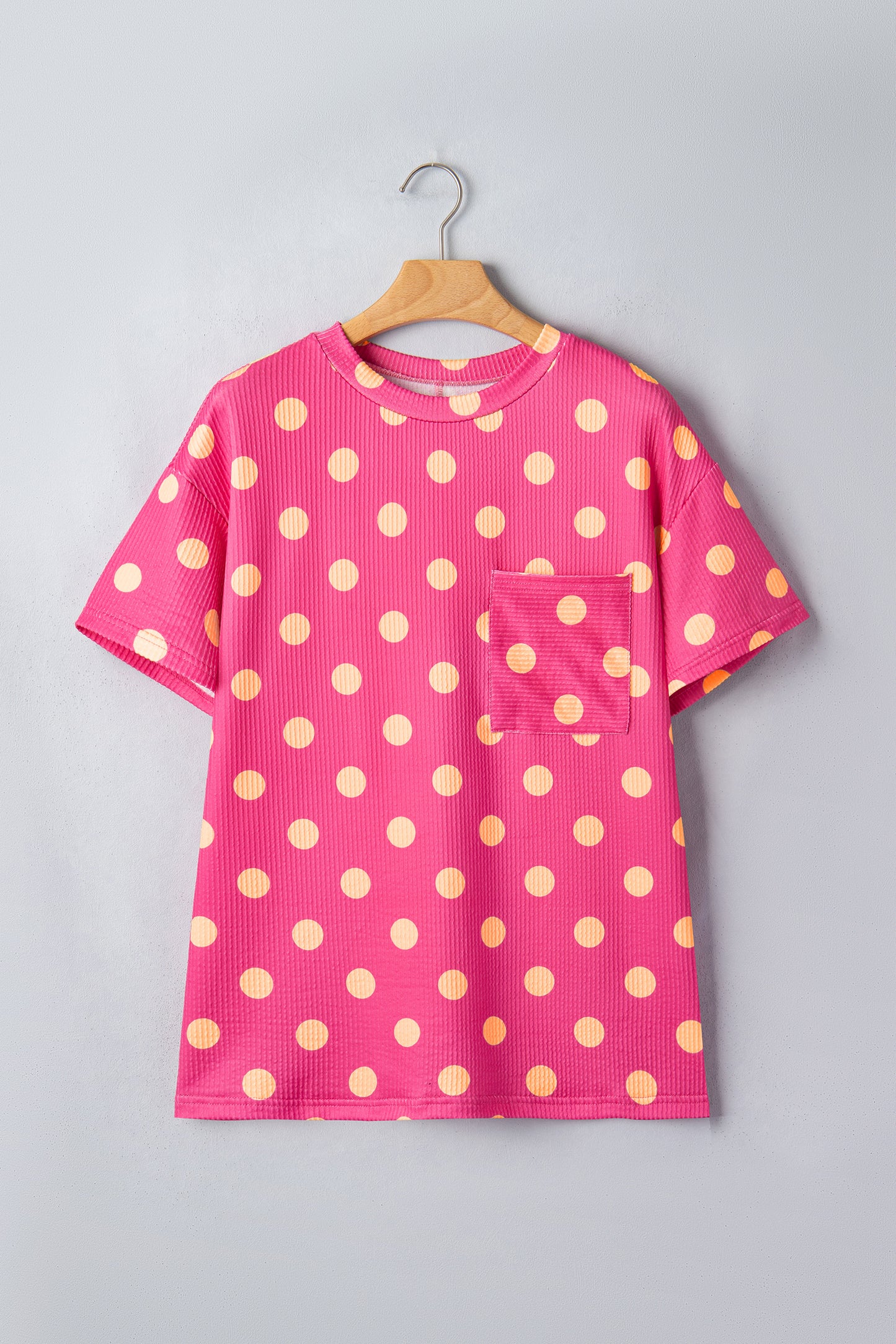 Sky Blue Polka Dot Round Neck Drop Shoulder Patch Pocket Jacquard Texture Top
