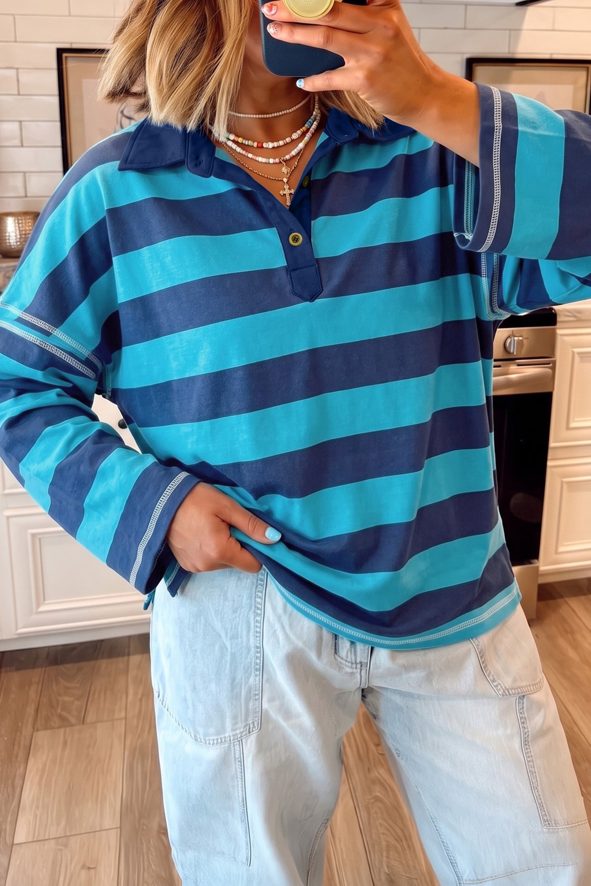 Brown Stripe Contrast Polo Top