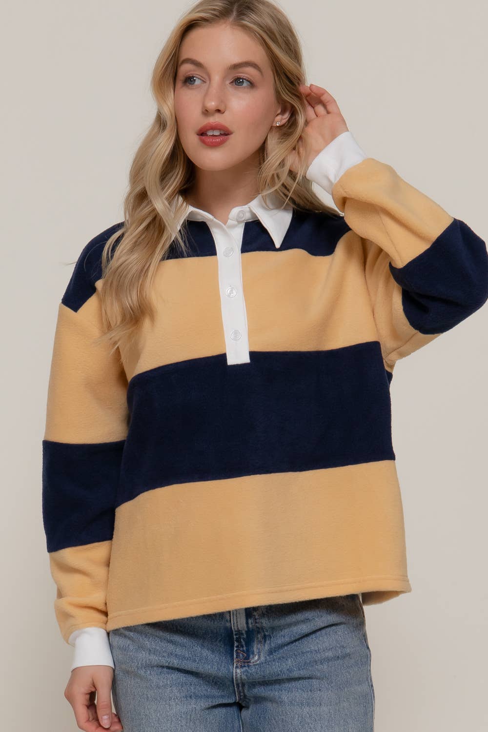 Striped Rugby Fleece Polo Top