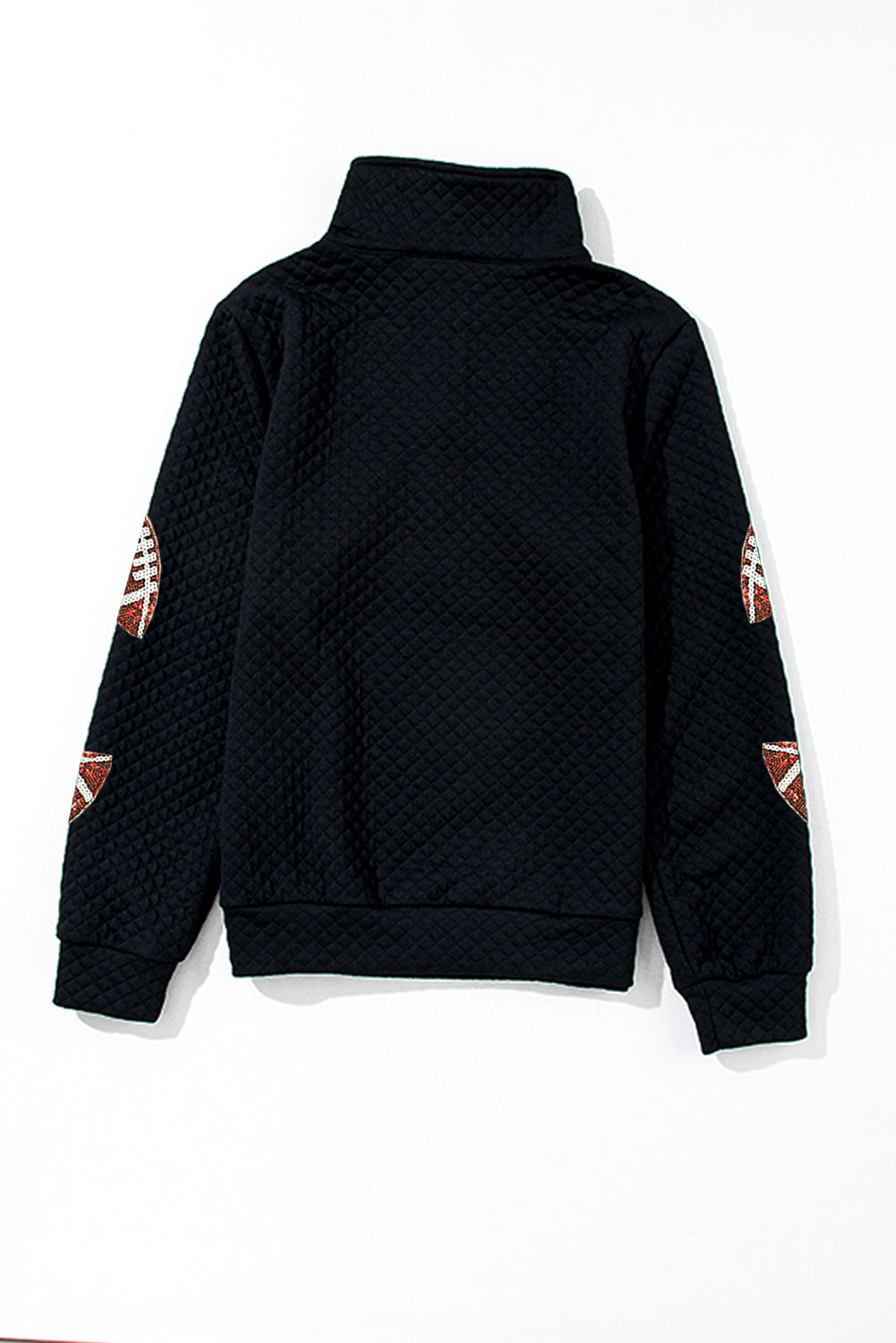 Black Sequin Football Patched Quarter Zip Textured Sweatshirt